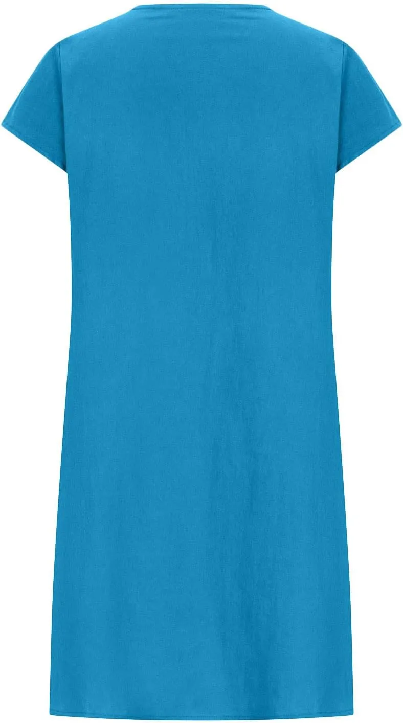 Linen Dress Women Summer Short Sleeve Pleated Casual Cotton Midi T-Shirt Dresses Beach Sundresses Vacation Outfits