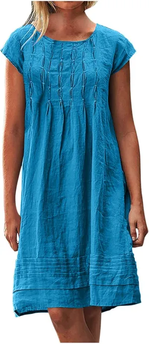 Linen Dress Women Summer Short Sleeve Pleated Casual Cotton Midi T-Shirt Dresses Beach Sundresses Vacation Outfits