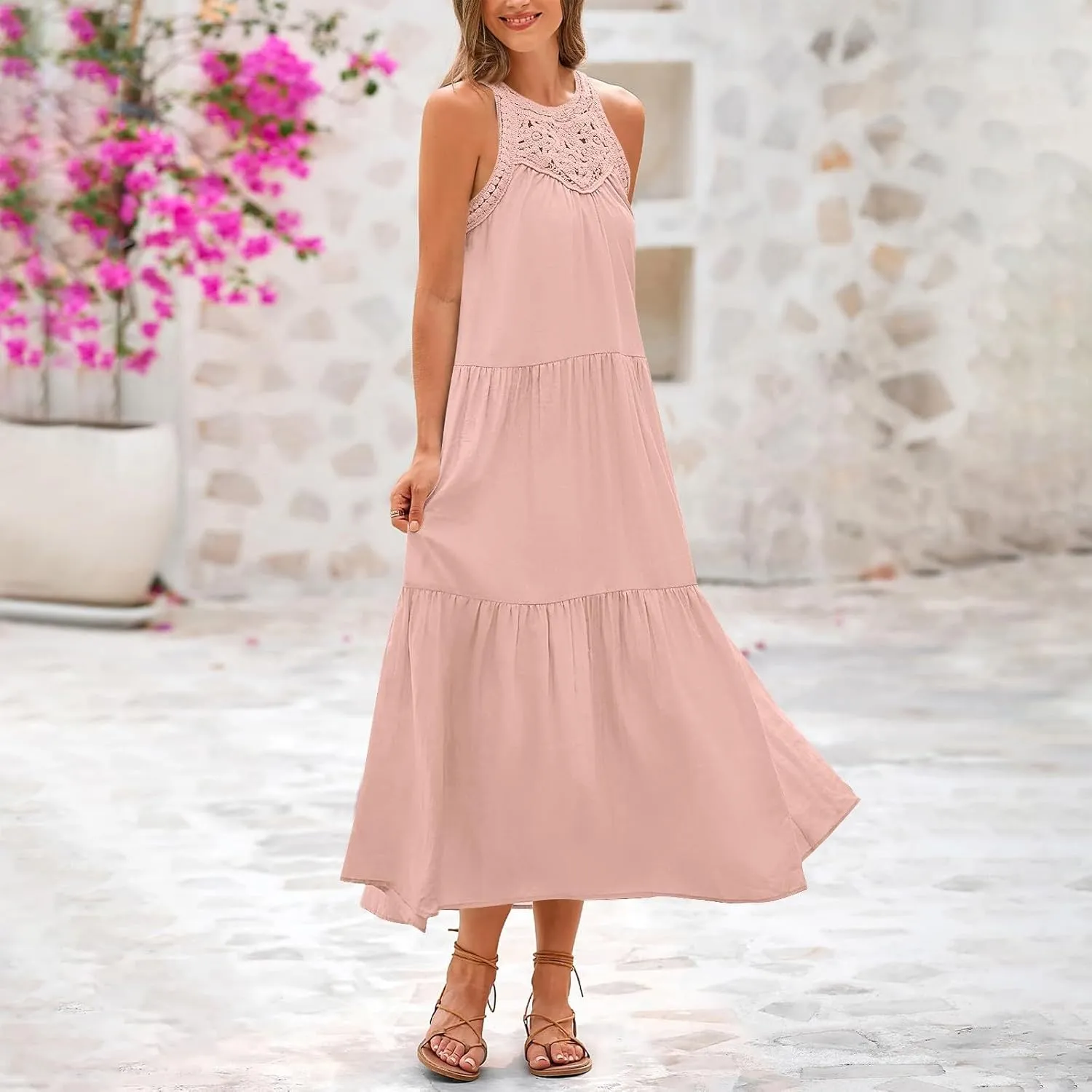 Linen Dress Women Summer Sleeveless Long Maxi Dresses Floral Lace Crochet Cute Sundresses Flowy Boho Beach Outfits