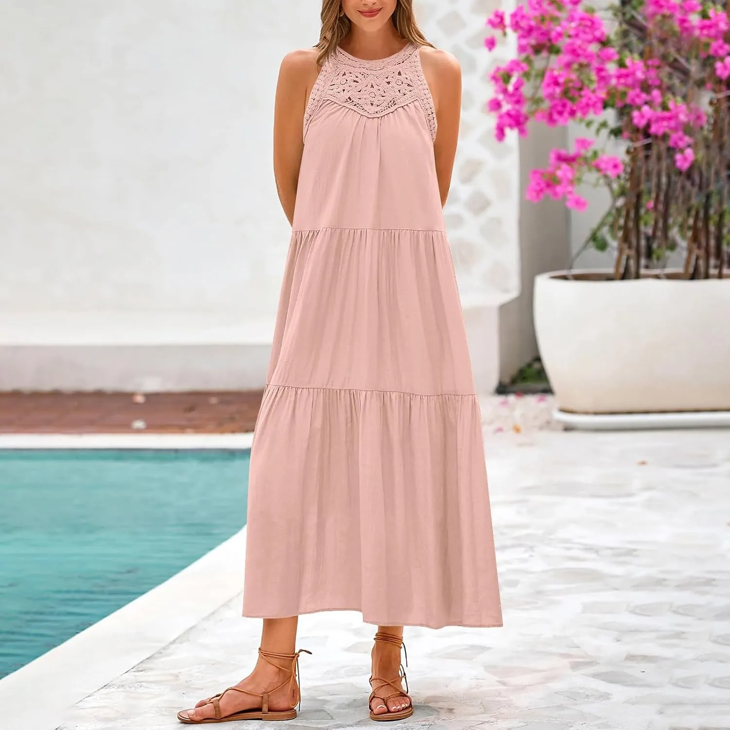 Linen Dress Women Summer Sleeveless Long Maxi Dresses Floral Lace Crochet Cute Sundresses Flowy Boho Beach Outfits