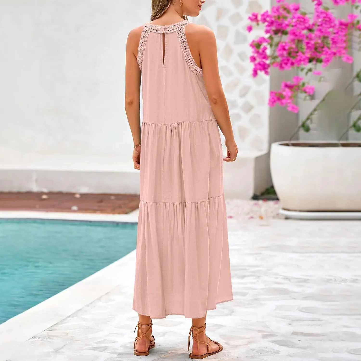 Linen Dress Women Summer Sleeveless Long Maxi Dresses Floral Lace Crochet Cute Sundresses Flowy Boho Beach Outfits