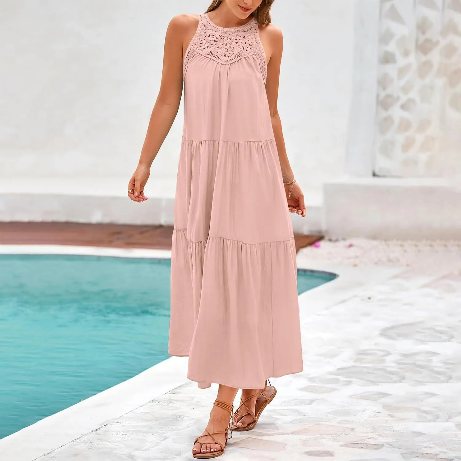 Linen Dress Women Summer Sleeveless Long Maxi Dresses Floral Lace Crochet Cute Sundresses Flowy Boho Beach Outfits