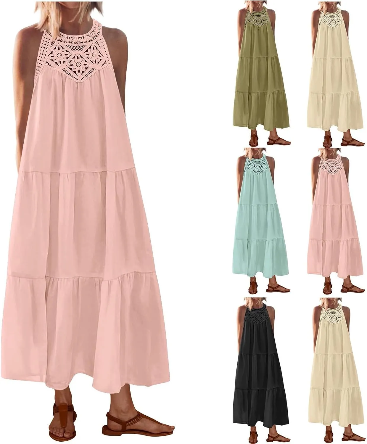 Linen Dress Women Summer Sleeveless Long Maxi Dresses Floral Lace Crochet Cute Sundresses Flowy Boho Beach Outfits