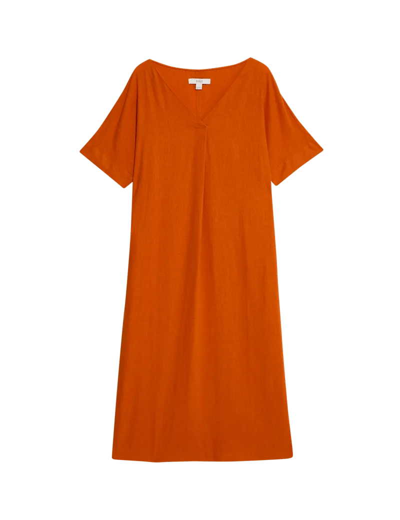 Linen Rich V-Neck Popover Midi Dress