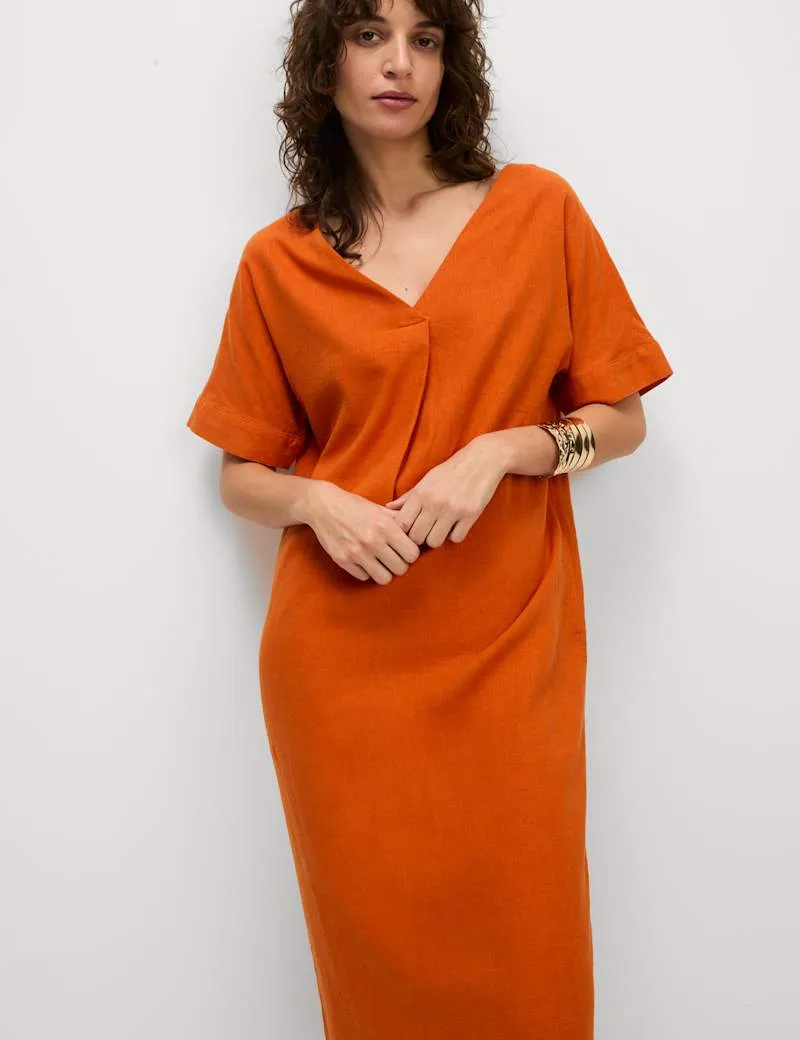Linen Rich V-Neck Popover Midi Dress