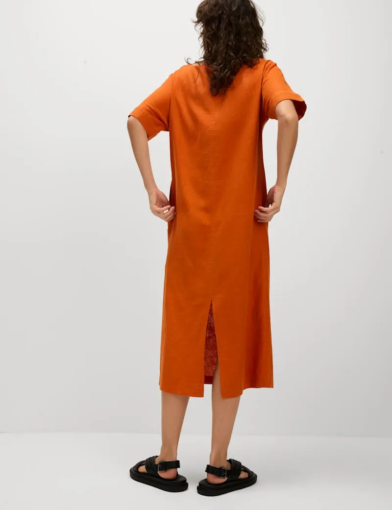 Linen Rich V-Neck Popover Midi Dress