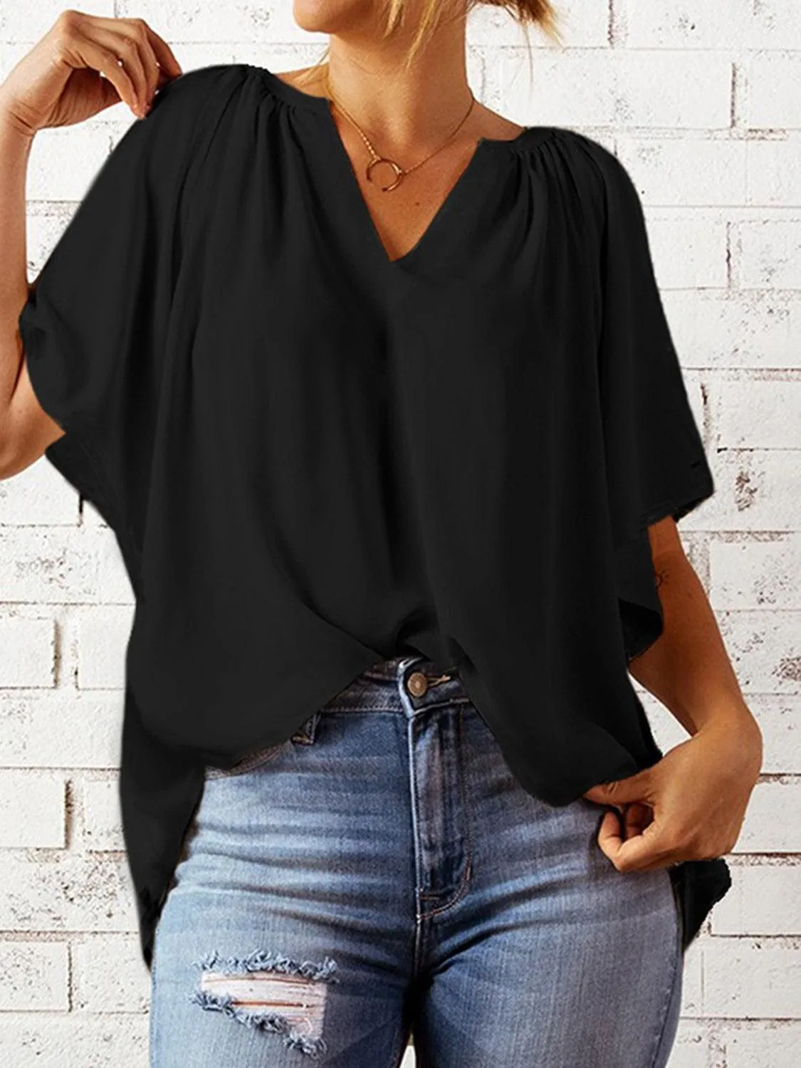 Loose Chic Ruched Notched Neck Half Sleeve Blouse