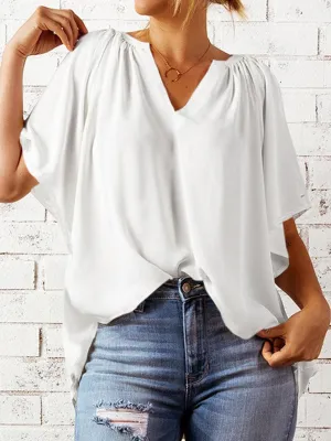 Loose Chic Ruched Notched Neck Half Sleeve Blouse