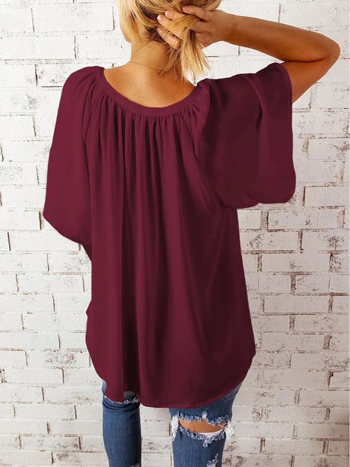 Loose Chic Ruched Notched Neck Half Sleeve Blouse