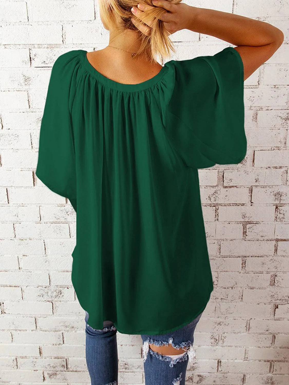 Loose Chic Ruched Notched Neck Half Sleeve Blouse