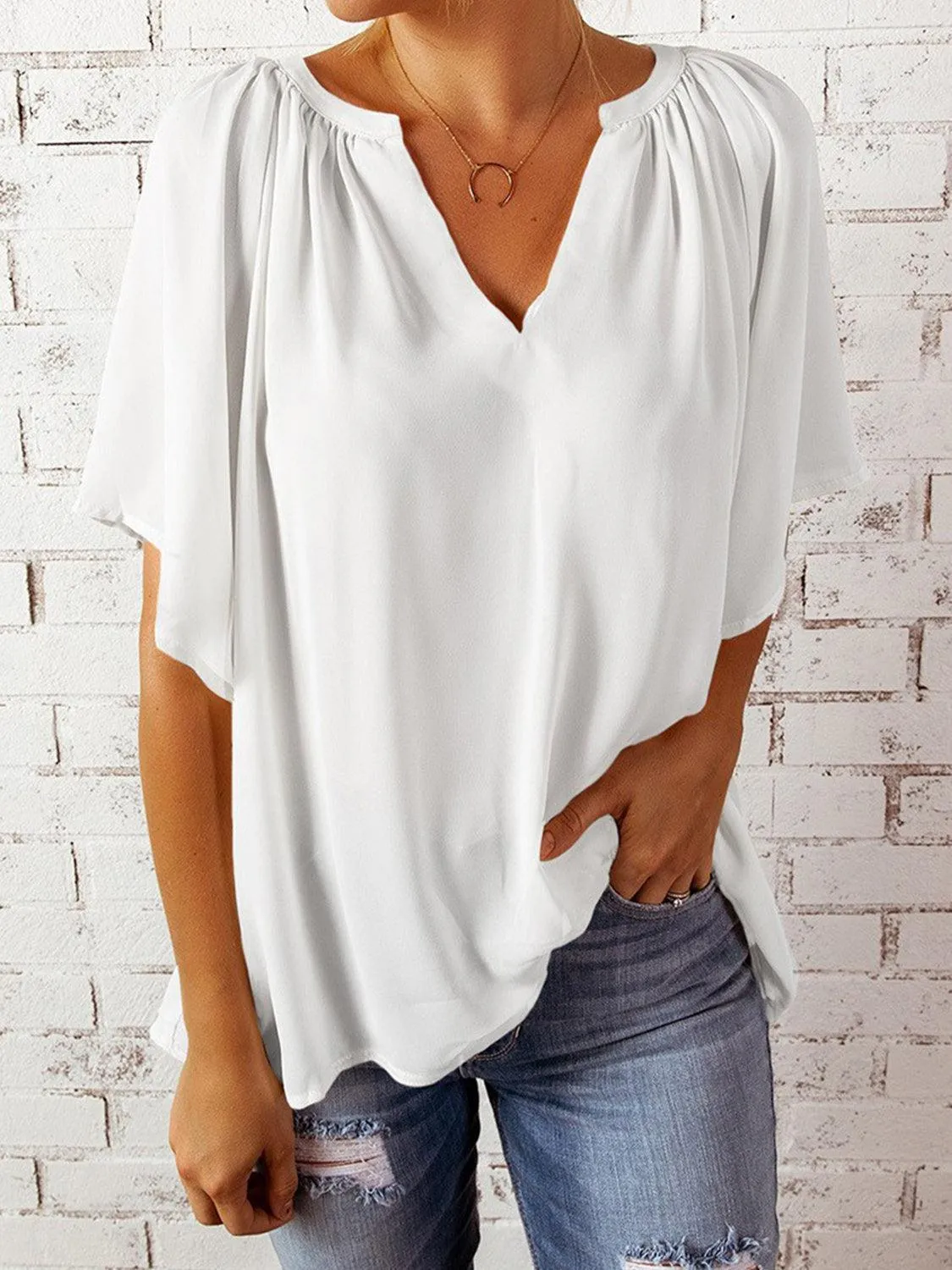 Loose Chic Ruched Notched Neck Half Sleeve Blouse