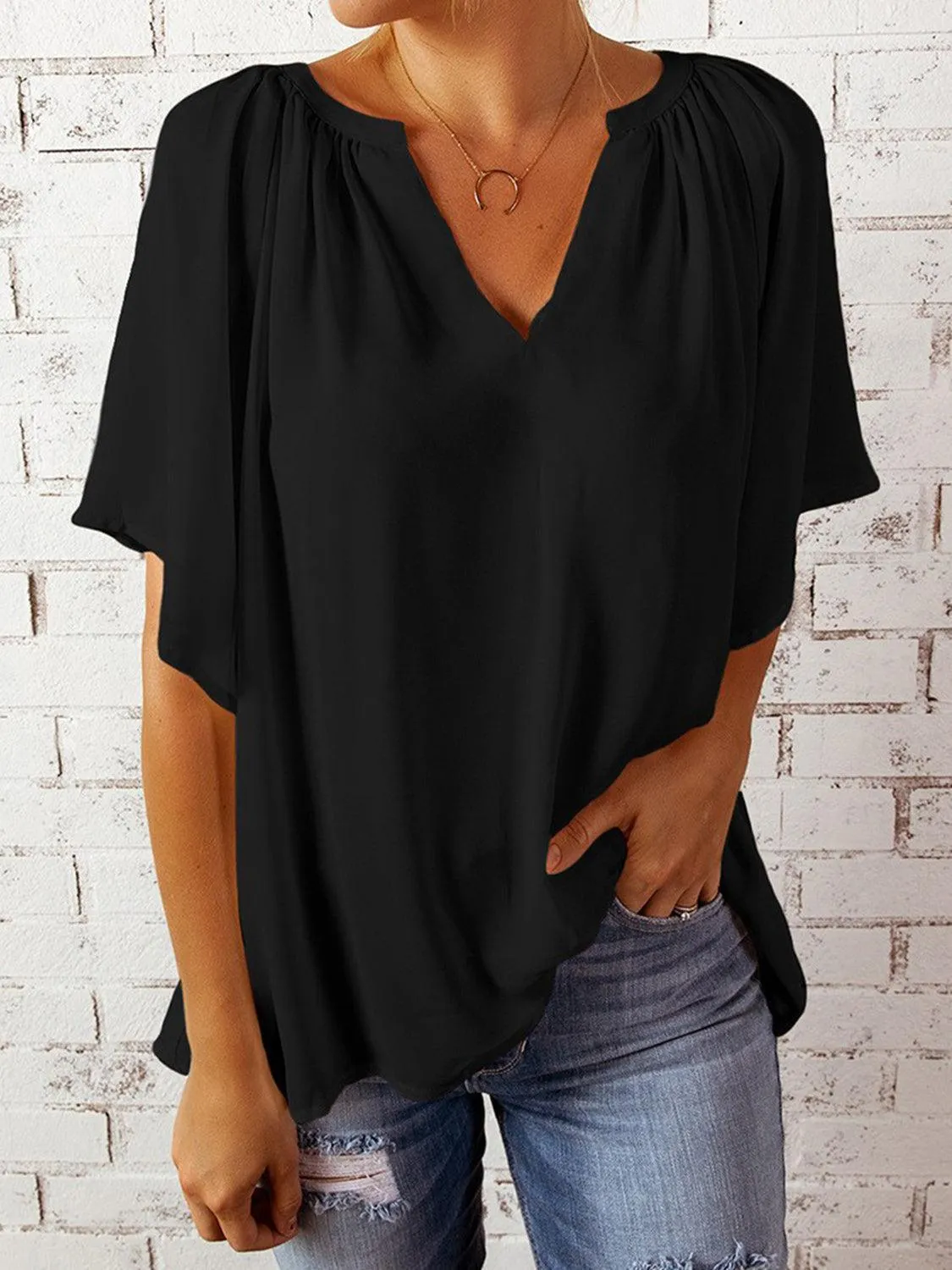 Loose Chic Ruched Notched Neck Half Sleeve Blouse
