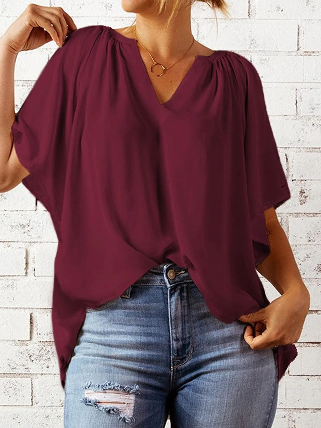Loose Chic Ruched Notched Neck Half Sleeve Blouse