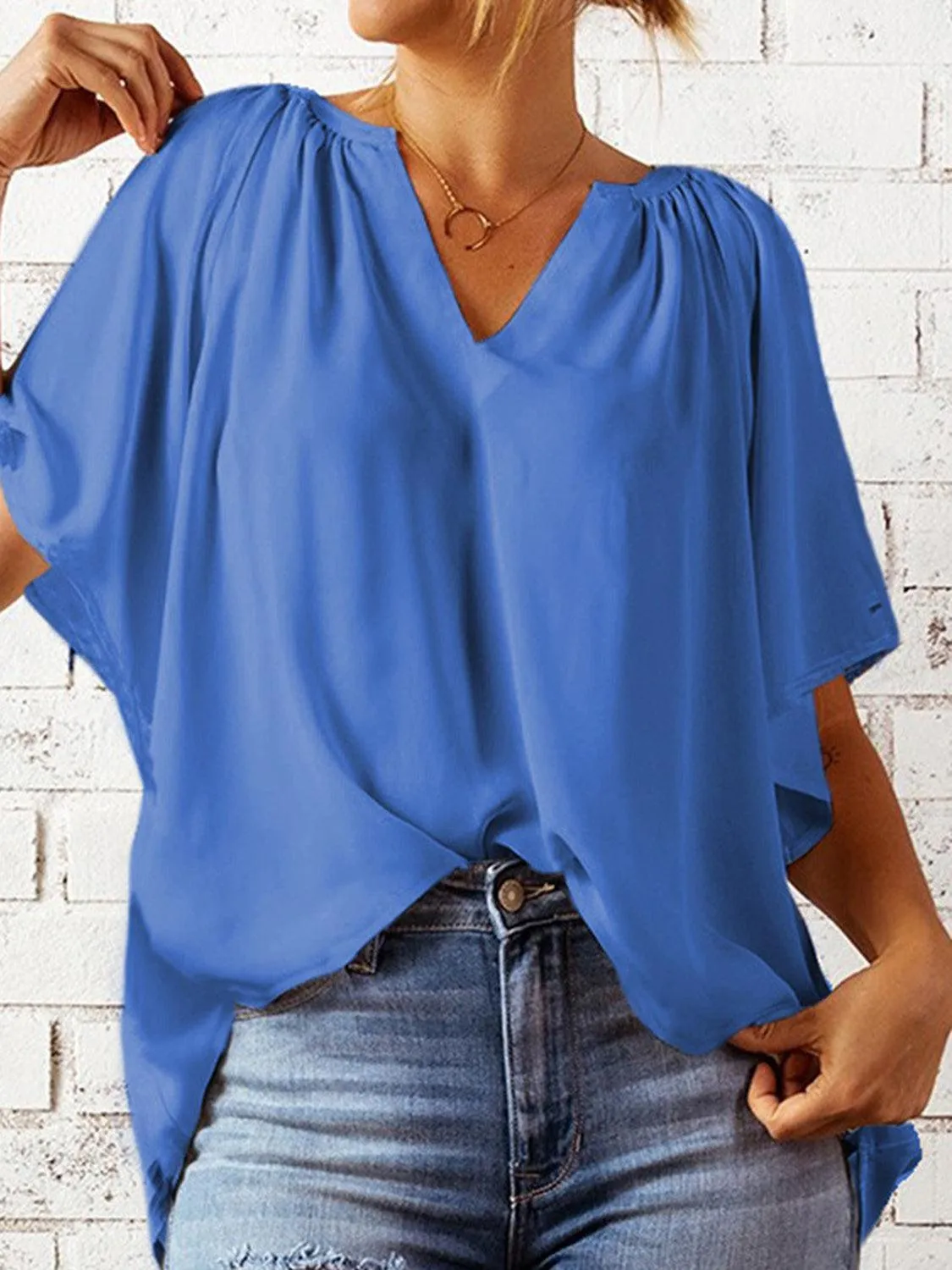 Loose Chic Ruched Notched Neck Half Sleeve Blouse