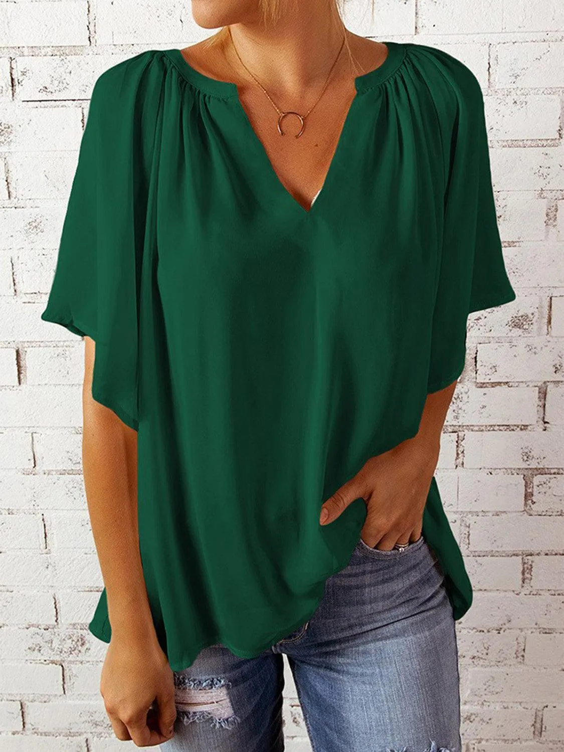 Loose Chic Ruched Notched Neck Half Sleeve Blouse