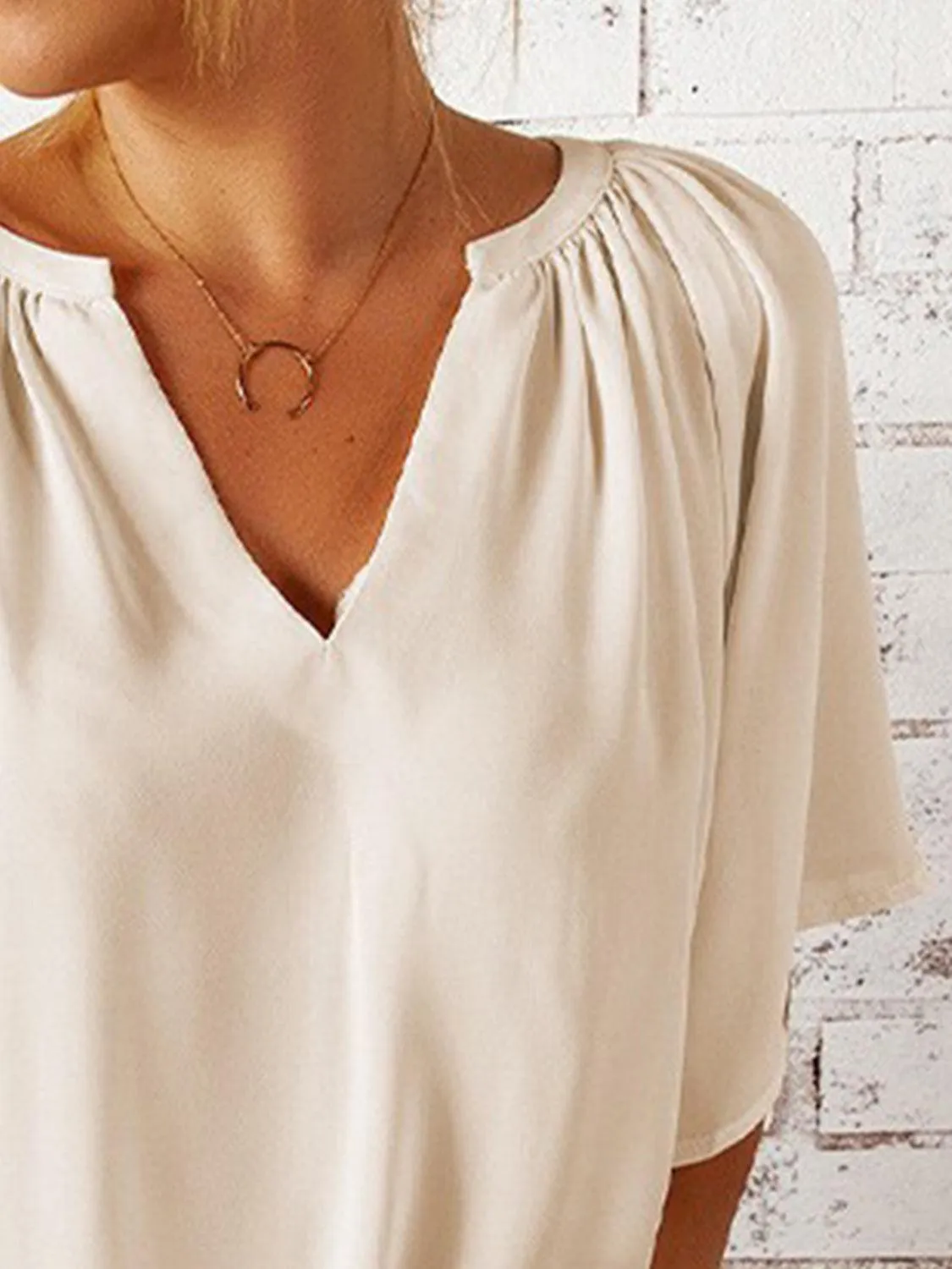 Loose Chic Ruched Notched Neck Half Sleeve Blouse