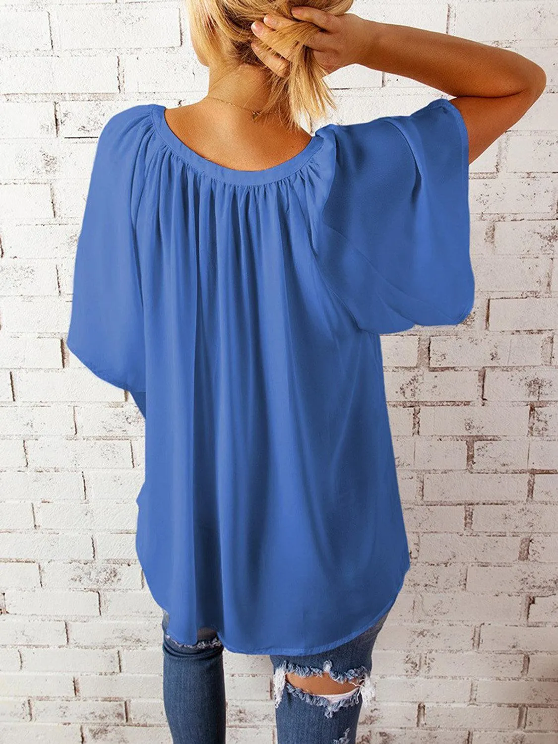 Loose Chic Ruched Notched Neck Half Sleeve Blouse