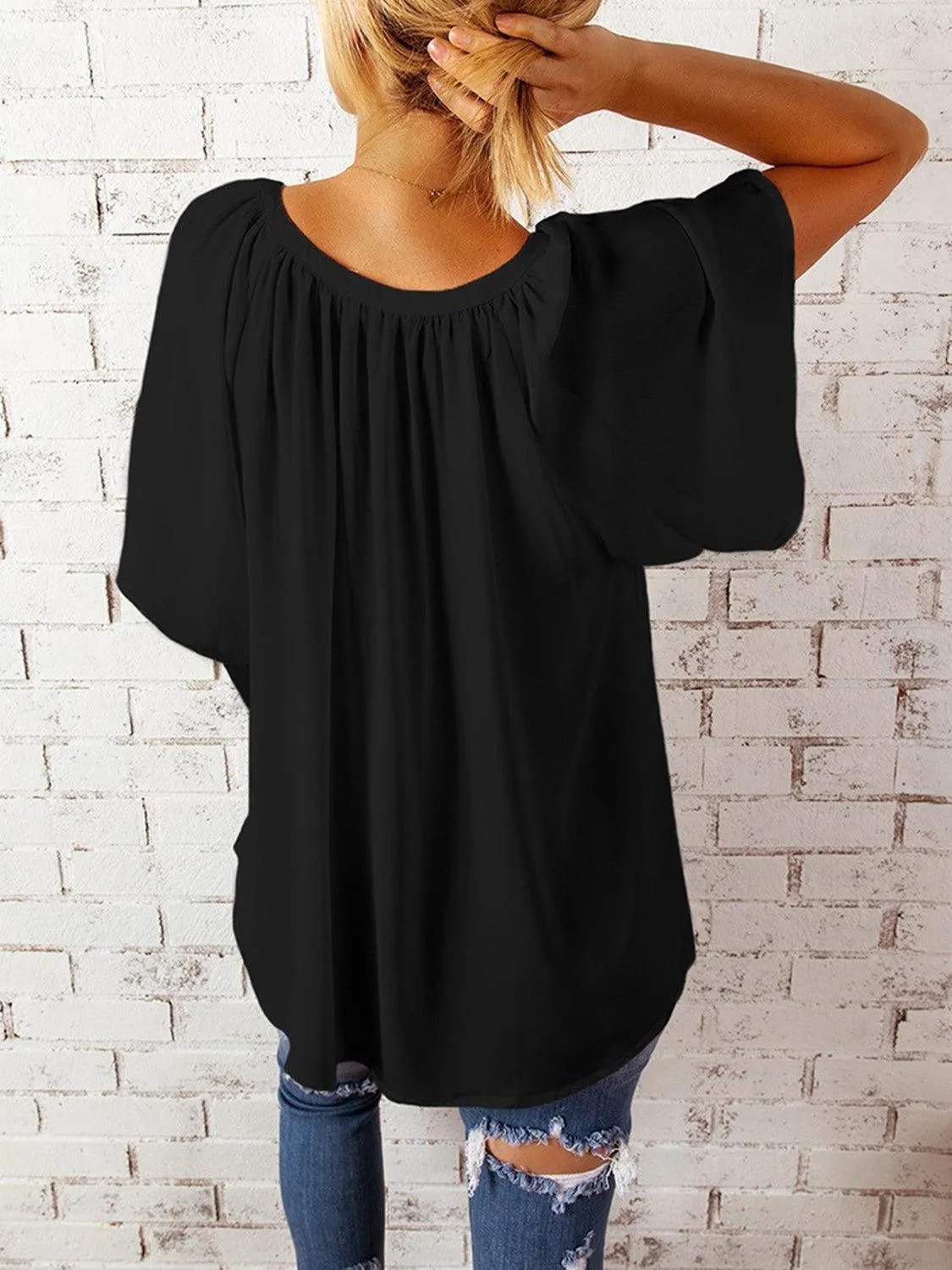 Loose Chic Ruched Notched Neck Half Sleeve Blouse