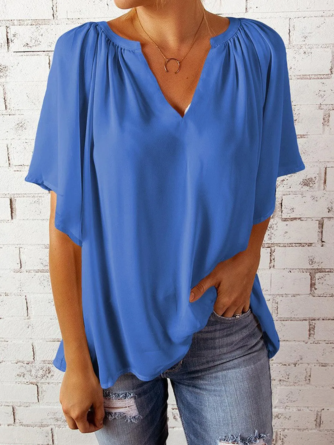 Loose Chic Ruched Notched Neck Half Sleeve Blouse