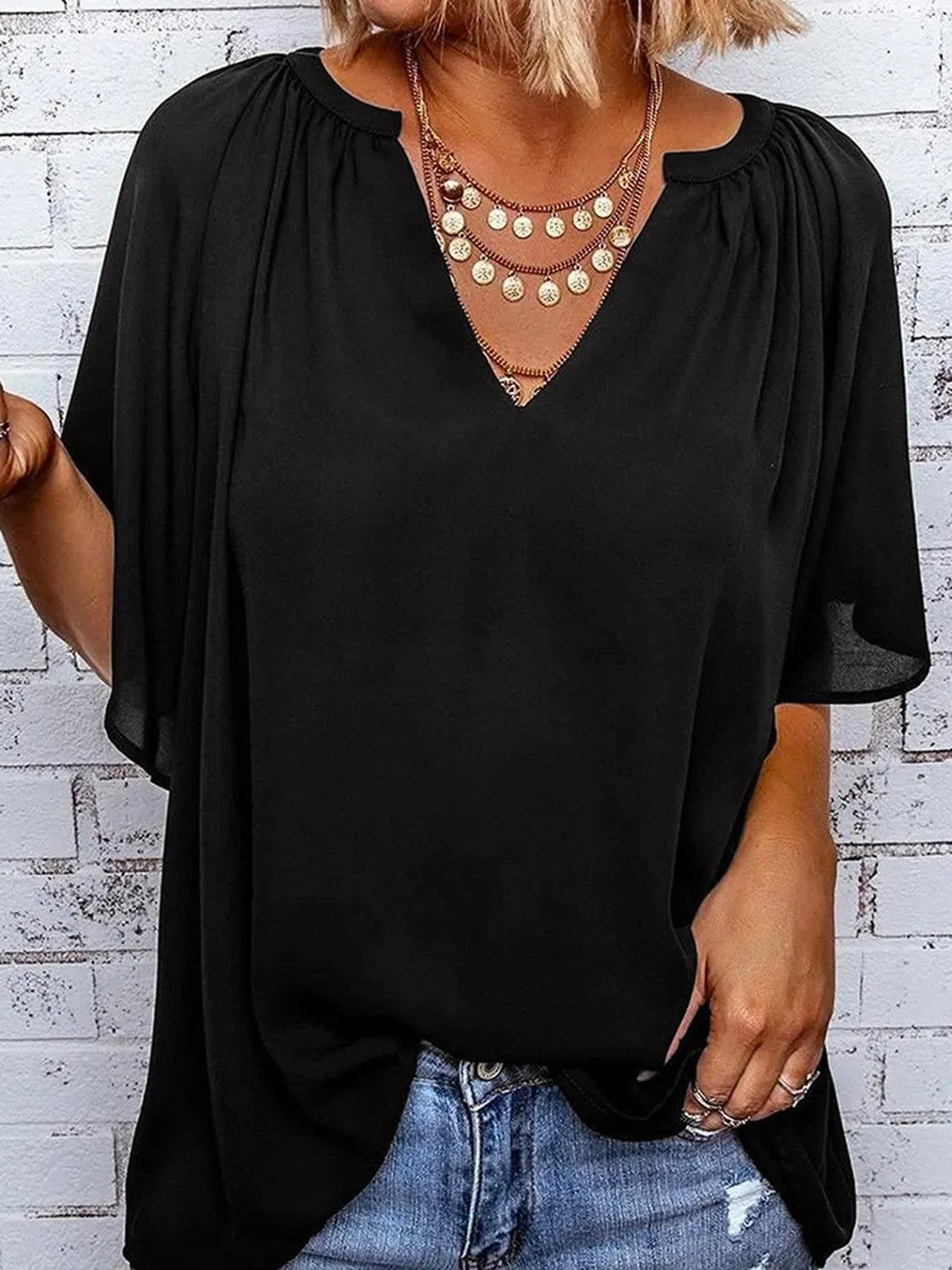Loose Chic Ruched Notched Neck Half Sleeve Blouse