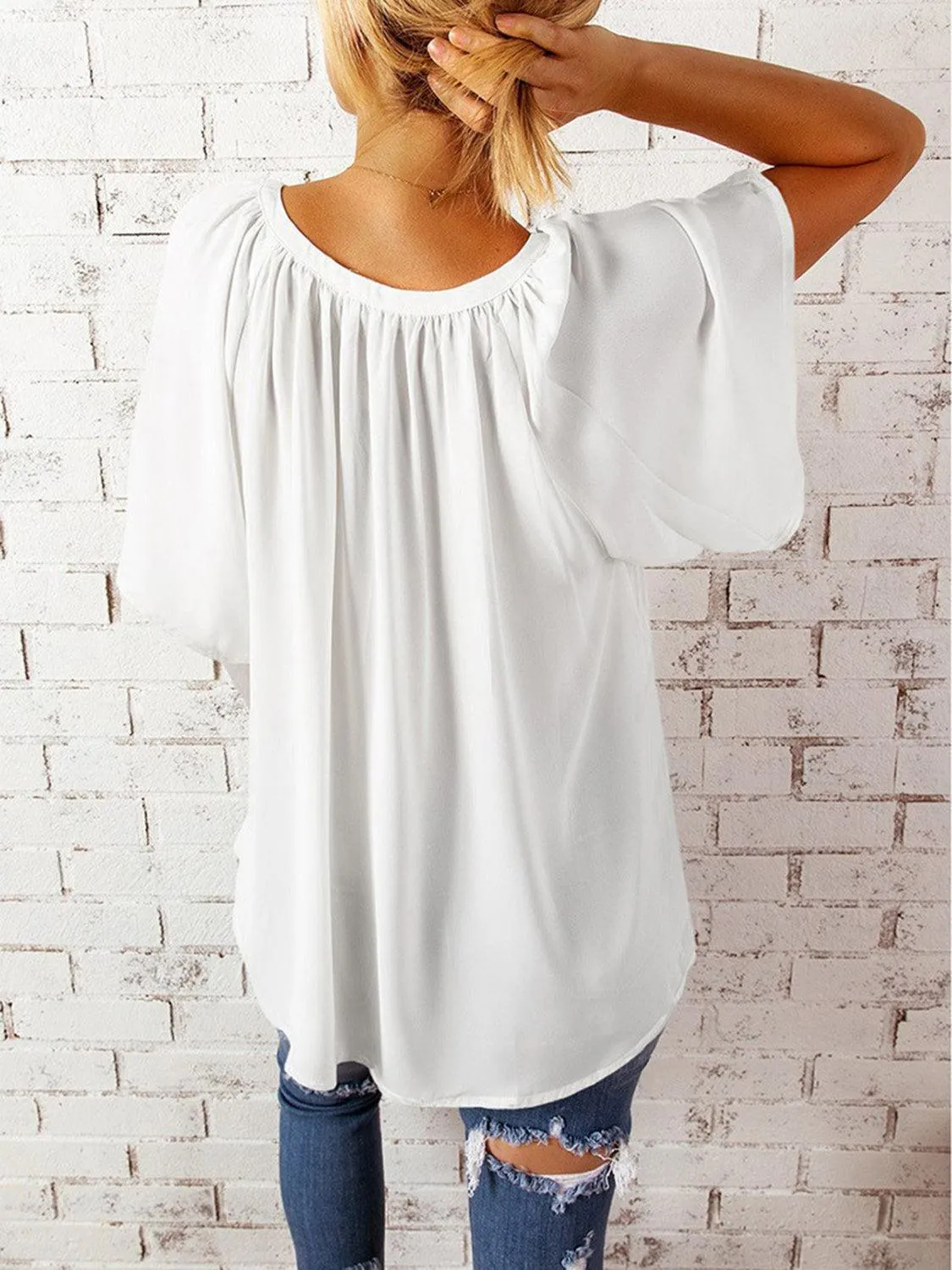 Loose Chic Ruched Notched Neck Half Sleeve Blouse