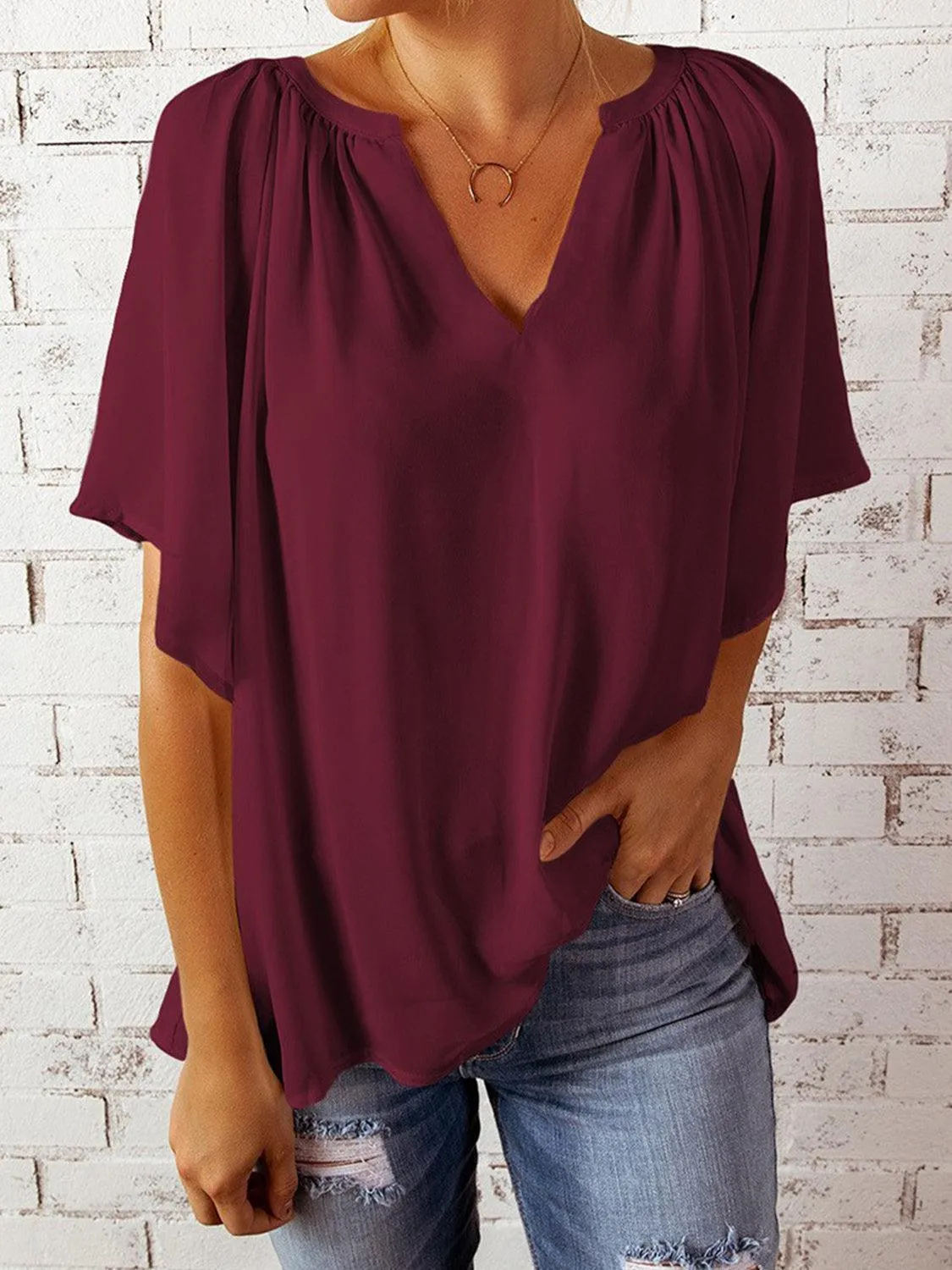 Loose Chic Ruched Notched Neck Half Sleeve Blouse