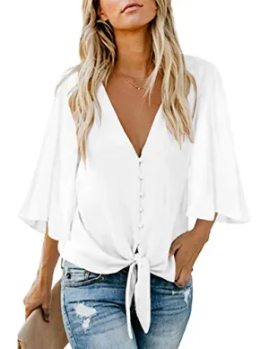 luvamia Women's V Neck Tops Ruffle 3/4 Sleeve Tie Knot Blouses Button Down Shirts, Off White Button Down Size M