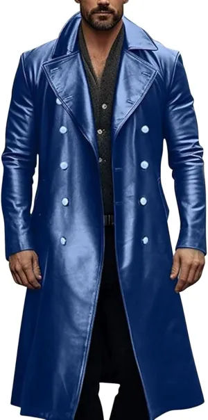 Maiyifu-GJ Mens Retro Faux Leather Trench Coat Full Length Steampunk Long Overcoat Vintage Open Front Cardigan Jacket