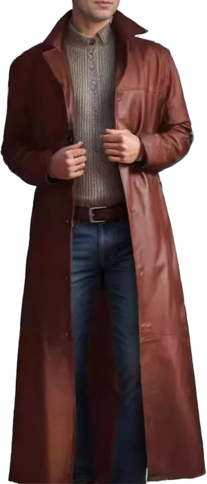 Maiyifu-GJ Mens Retro Faux Leather Trench Coat Full Length Steampunk Long Overcoat Vintage Open Front Cardigan Jacket