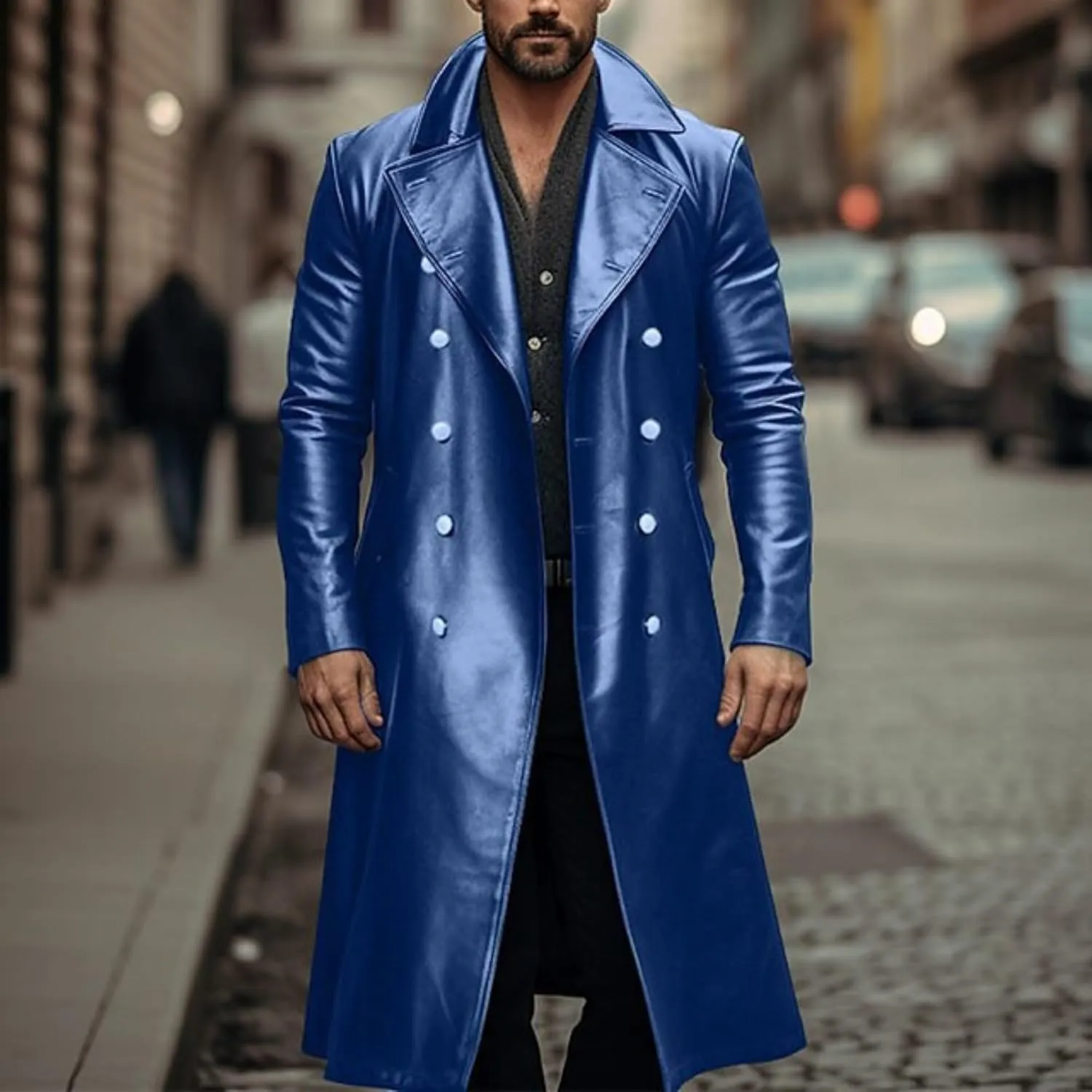 Maiyifu-GJ Mens Retro Faux Leather Trench Coat Full Length Steampunk Long Overcoat Vintage Open Front Cardigan Jacket