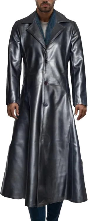 Maiyifu-GJ Mens Retro Faux Leather Trench Coat Full Length Steampunk Long Overcoat Vintage Open Front Cardigan Jacket