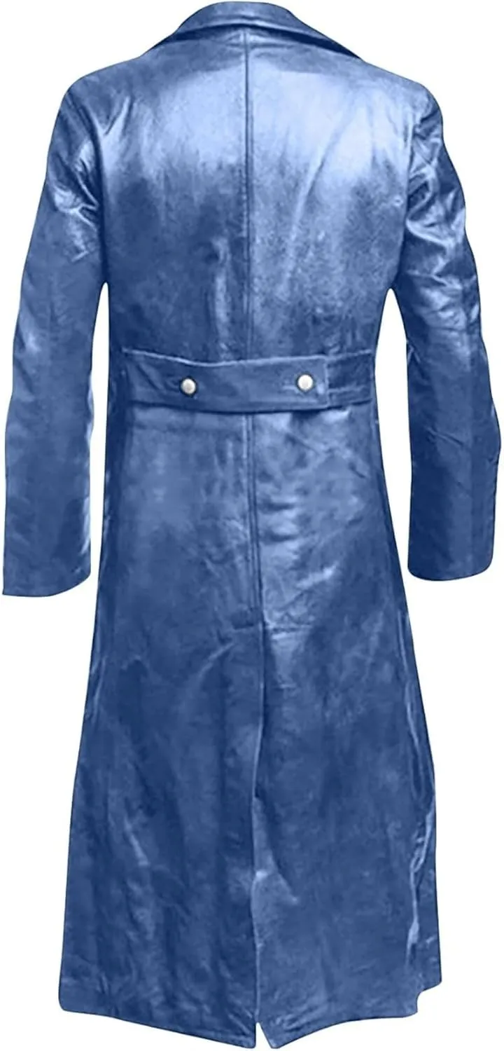 Maiyifu-GJ Mens Retro Faux Leather Trench Coat Full Length Steampunk Long Overcoat Vintage Open Front Cardigan Jacket