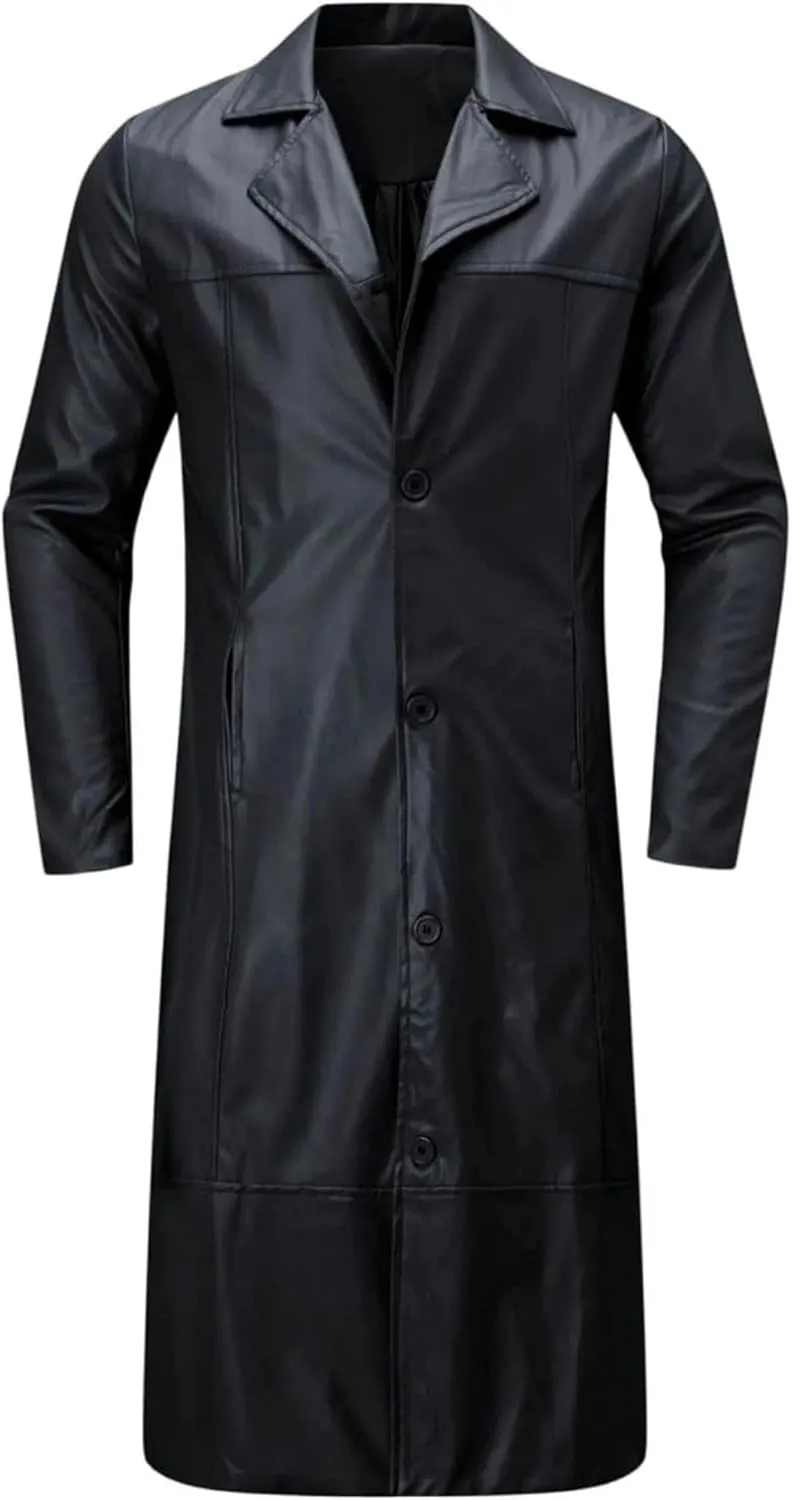 Maiyifu-GJ Mens Retro Faux Leather Trench Coat Full Length Steampunk Long Overcoat Vintage Open Front Cardigan Jacket