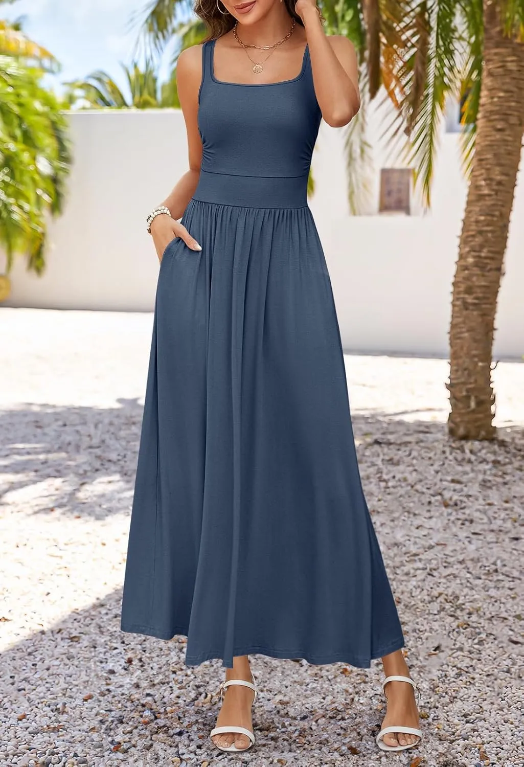 MEROKEETY Women's 2025 Summer Sleeveless Tank Dress Casual Square Neck Flowy Maxi Sundress with Pockets