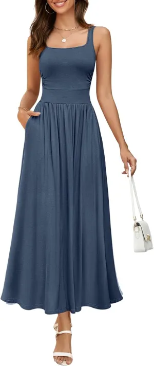 MEROKEETY Women's 2025 Summer Sleeveless Tank Dress Casual Square Neck Flowy Maxi Sundress with Pockets