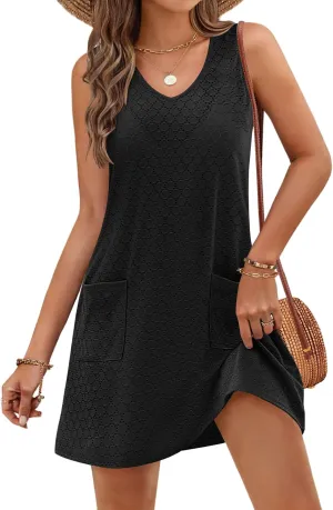 MEROKEETY Women's Summer Sleeveless Swimsuit Coverup 2025 Casual V Neck Eyelet Mini Dress Beach Sundresses