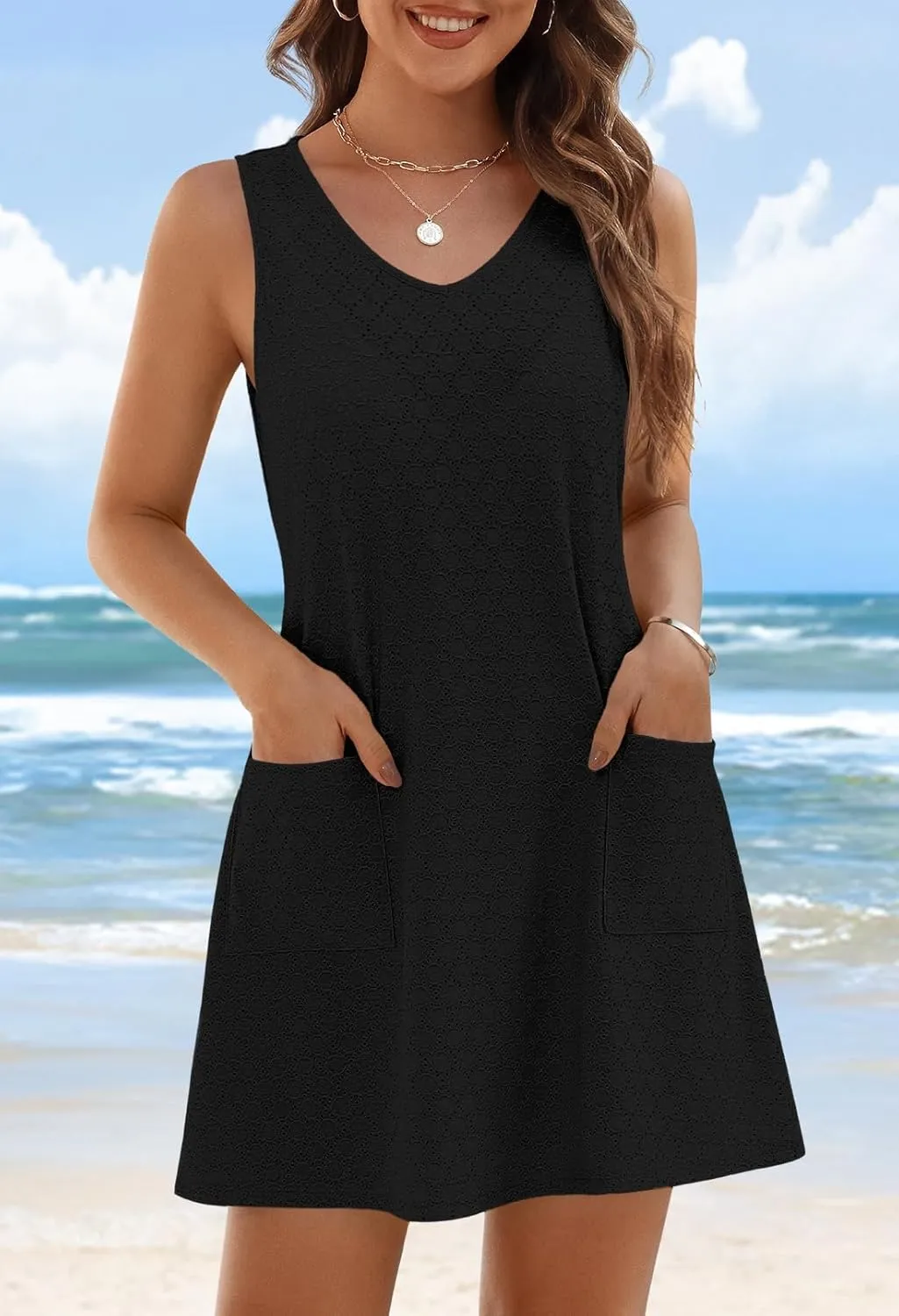 MEROKEETY Women's Summer Sleeveless Swimsuit Coverup 2025 Casual V Neck Eyelet Mini Dress Beach Sundresses
