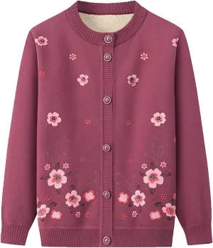 Middle-Aged Elderly Women Cardigans Knitted Sweater Long Sleeve Tops Seniors Ladies Grandma Thick Velvet Top Jacket