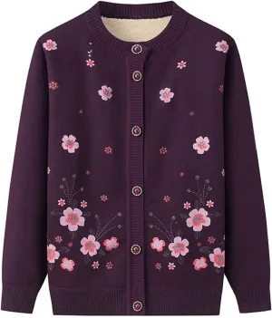 Middle-Aged Elderly Women Cardigans Knitted Sweater Long Sleeve Tops Seniors Ladies Grandma Thick Velvet Top Jacket