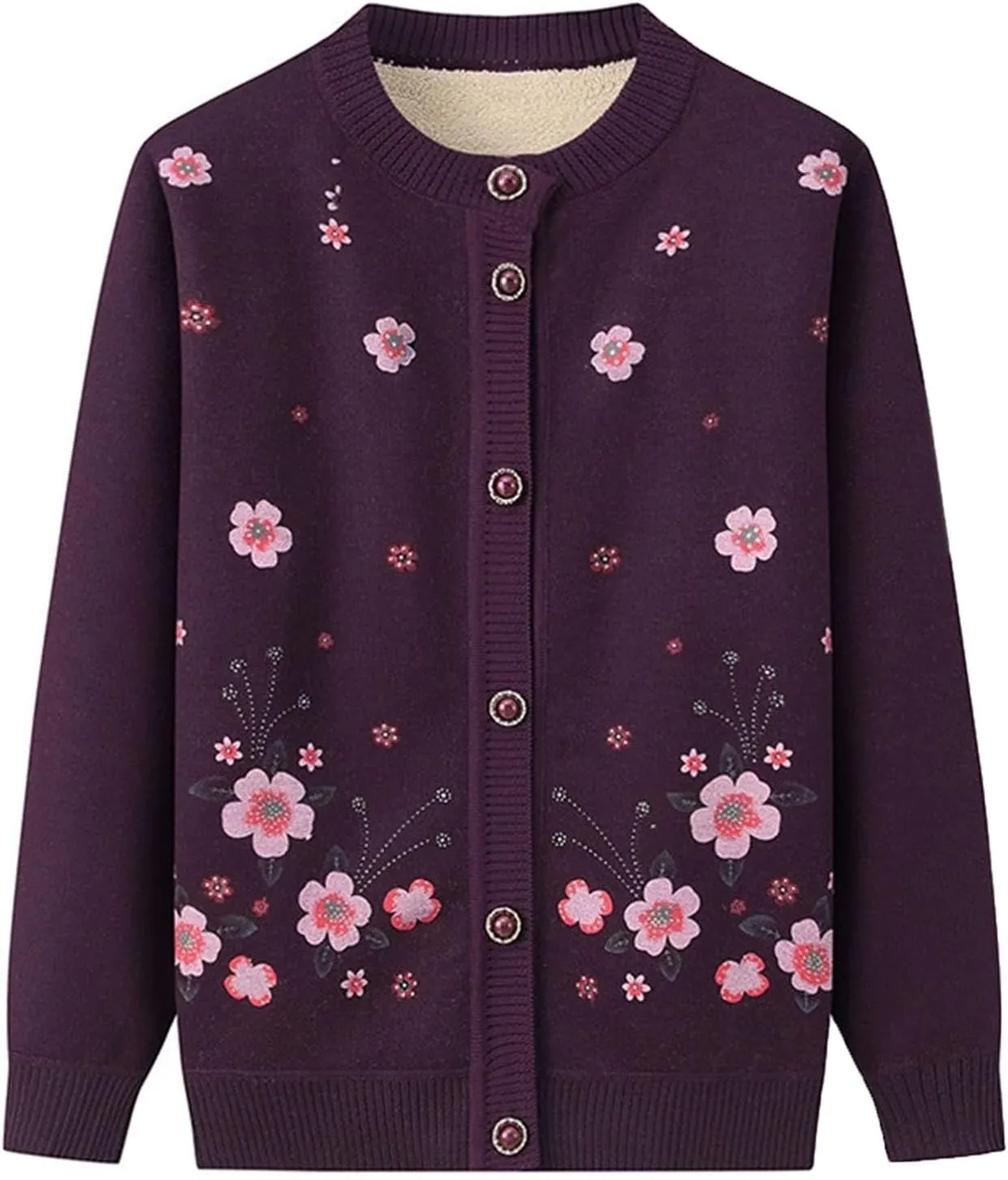 Middle-Aged Elderly Women Cardigans Knitted Sweater Long Sleeve Tops Seniors Ladies Grandma Thick Velvet Top Jacket