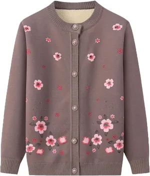 Middle-Aged Elderly Women Cardigans Knitted Sweater Long Sleeve Tops Seniors Ladies Grandma Thick Velvet Top Jacket