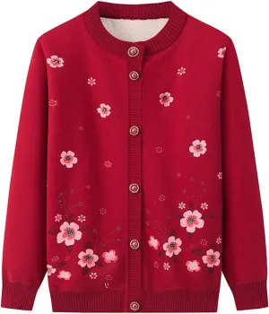 Middle-Aged Elderly Women Cardigans Knitted Sweater Long Sleeve Tops Seniors Ladies Grandma Thick Velvet Top Jacket