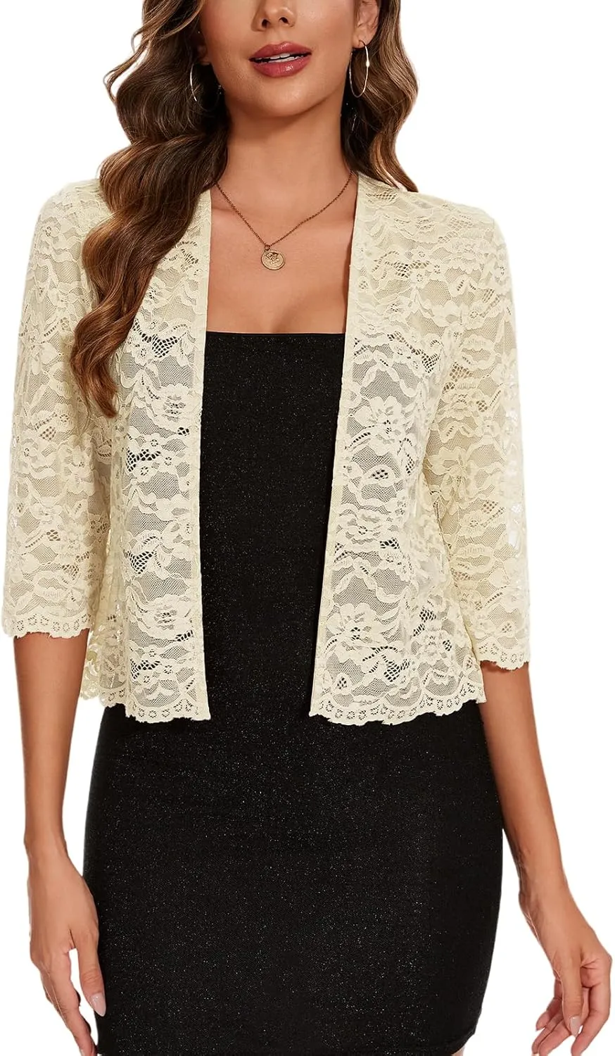 MINTLIMIT Women's Elegant 3/4 Sleeve Floral Lace Bolero Shrug Cropped Open Front Cardigan Shrug Tops