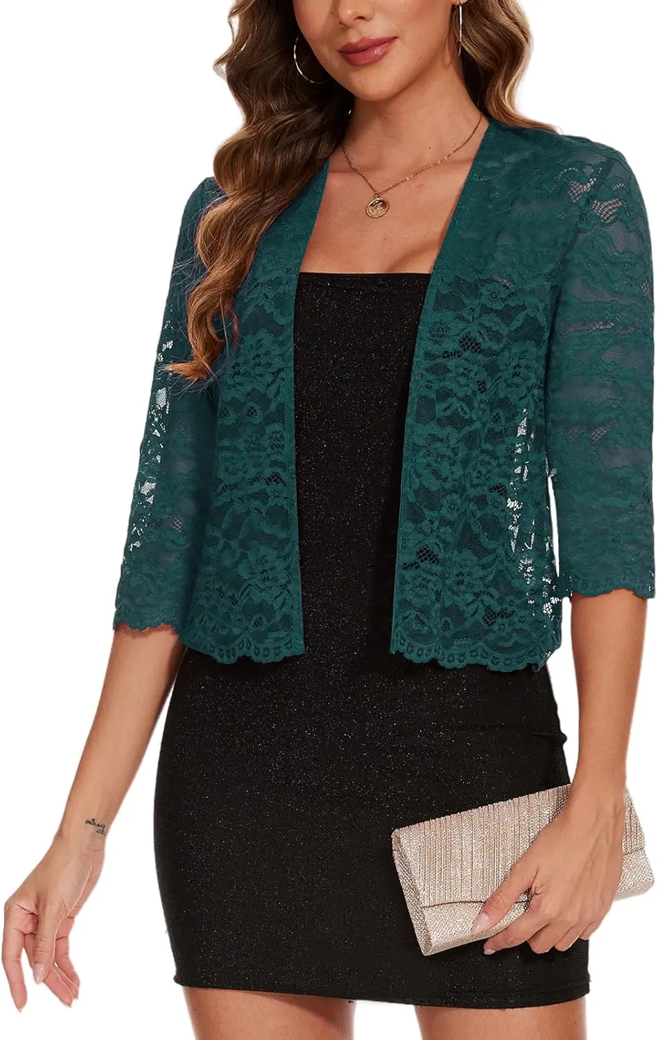 MINTLIMIT Women's Elegant 3/4 Sleeve Floral Lace Bolero Shrug Cropped Open Front Cardigan Shrug Tops