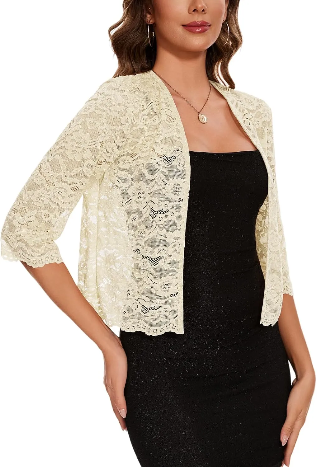 MINTLIMIT Women's Elegant 3/4 Sleeve Floral Lace Bolero Shrug Cropped Open Front Cardigan Shrug Tops
