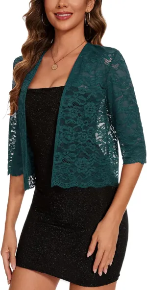 MINTLIMIT Women's Elegant 3/4 Sleeve Floral Lace Bolero Shrug Cropped Open Front Cardigan Shrug Tops