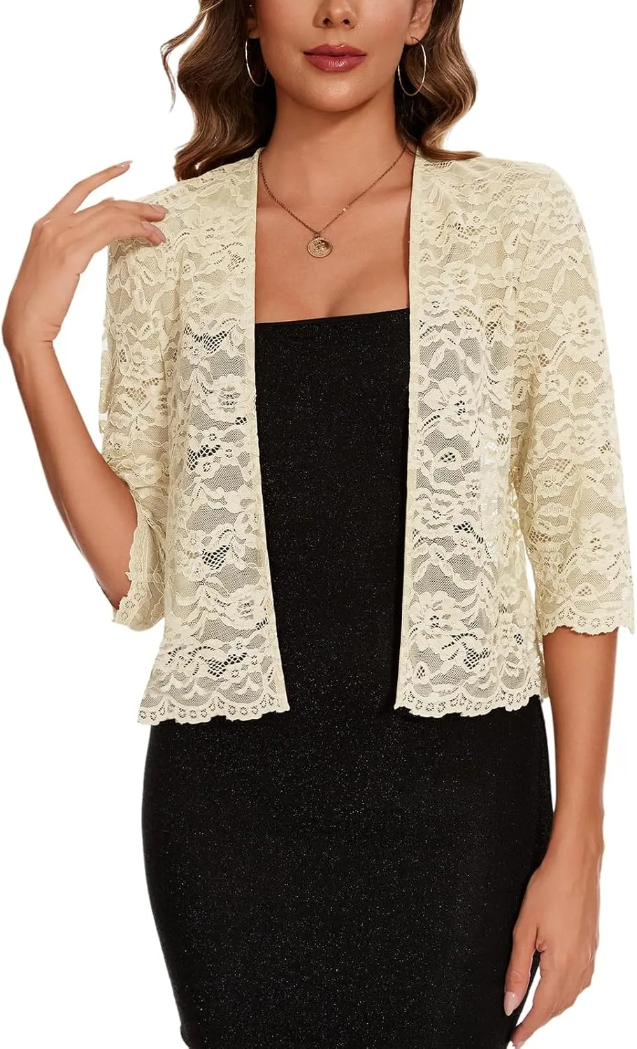 MINTLIMIT Women's Elegant 3/4 Sleeve Floral Lace Bolero Shrug Cropped Open Front Cardigan Shrug Tops