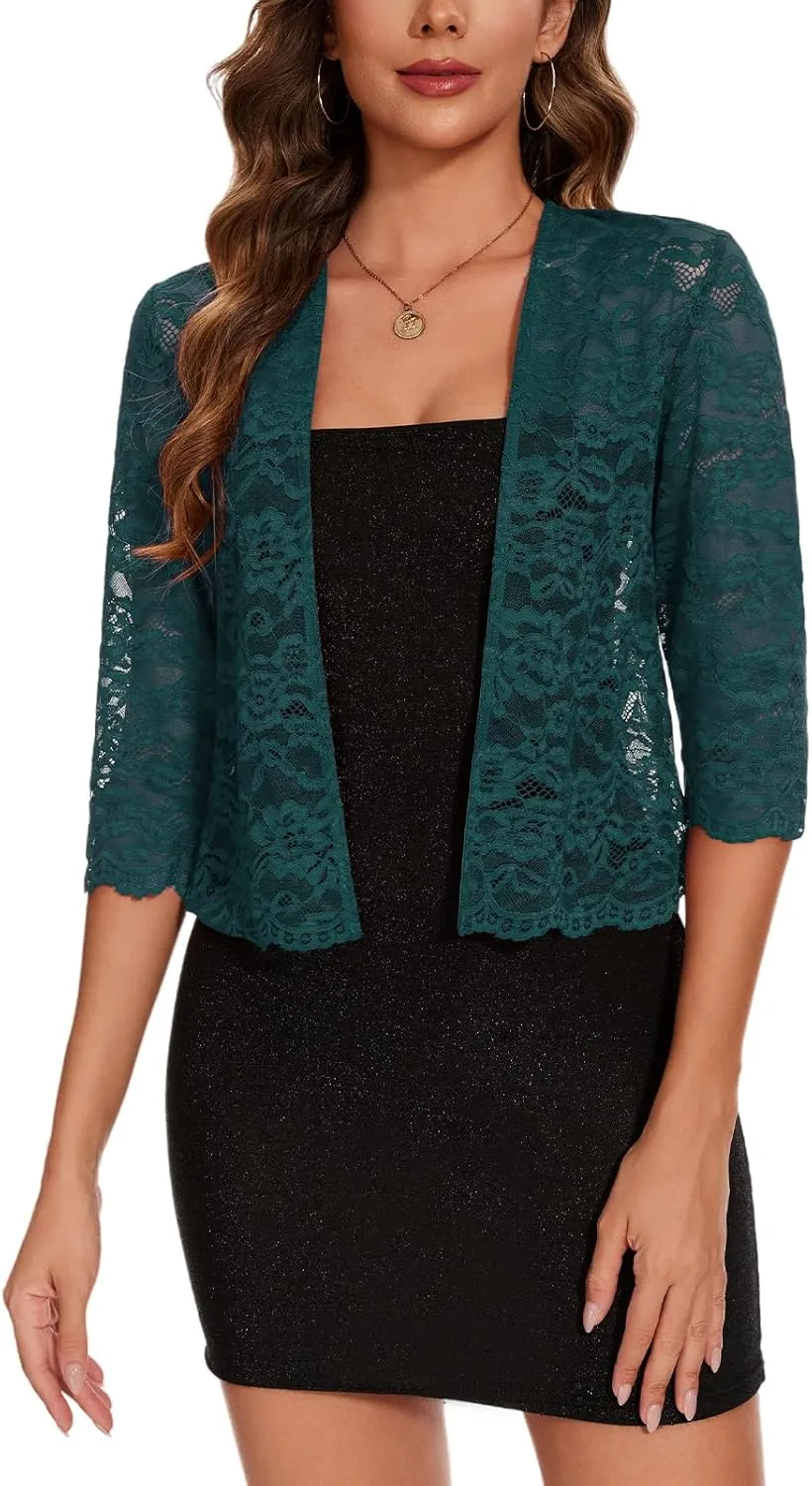 MINTLIMIT Women's Elegant 3/4 Sleeve Floral Lace Bolero Shrug Cropped Open Front Cardigan Shrug Tops