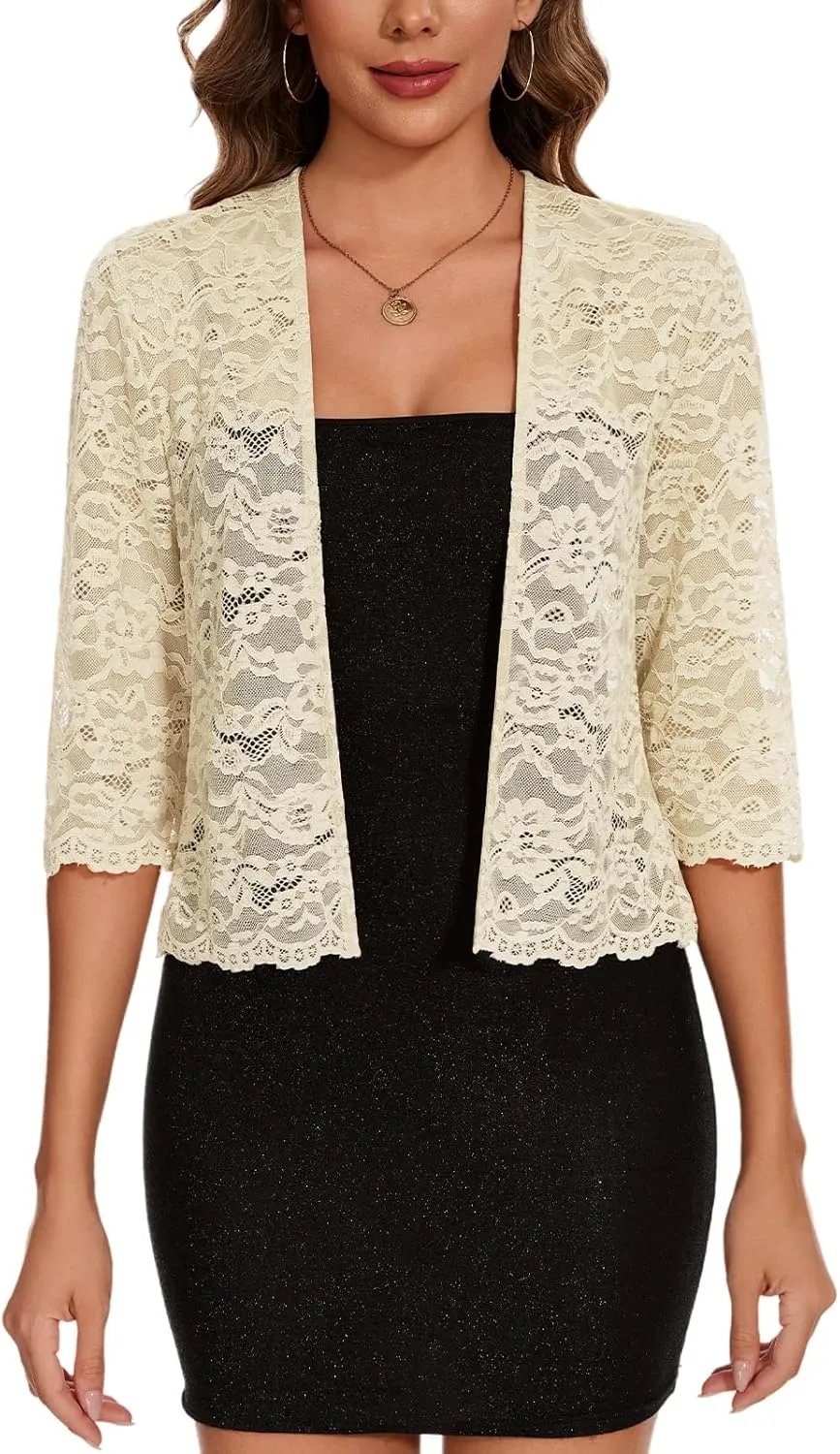 MINTLIMIT Women's Elegant 3/4 Sleeve Floral Lace Bolero Shrug Cropped Open Front Cardigan Shrug Tops