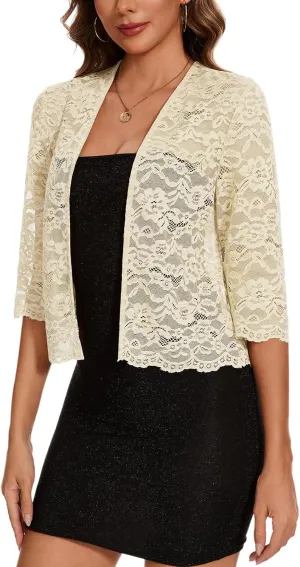 MINTLIMIT Women's Elegant 3/4 Sleeve Floral Lace Bolero Shrug Cropped Open Front Cardigan Shrug Tops
